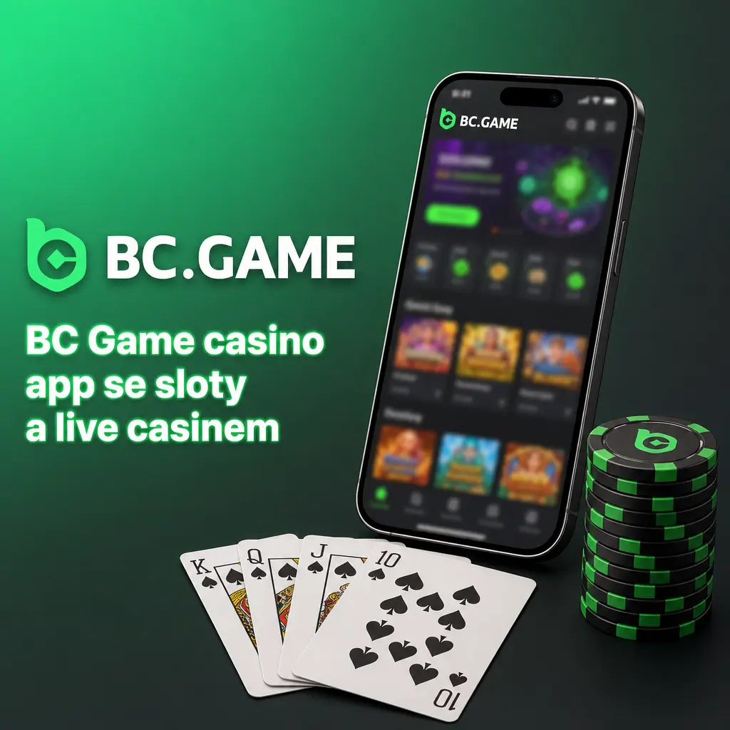 Mobilní aplikace BC Game s menu kasina, sloty, live casinem a bonusovou sekcí